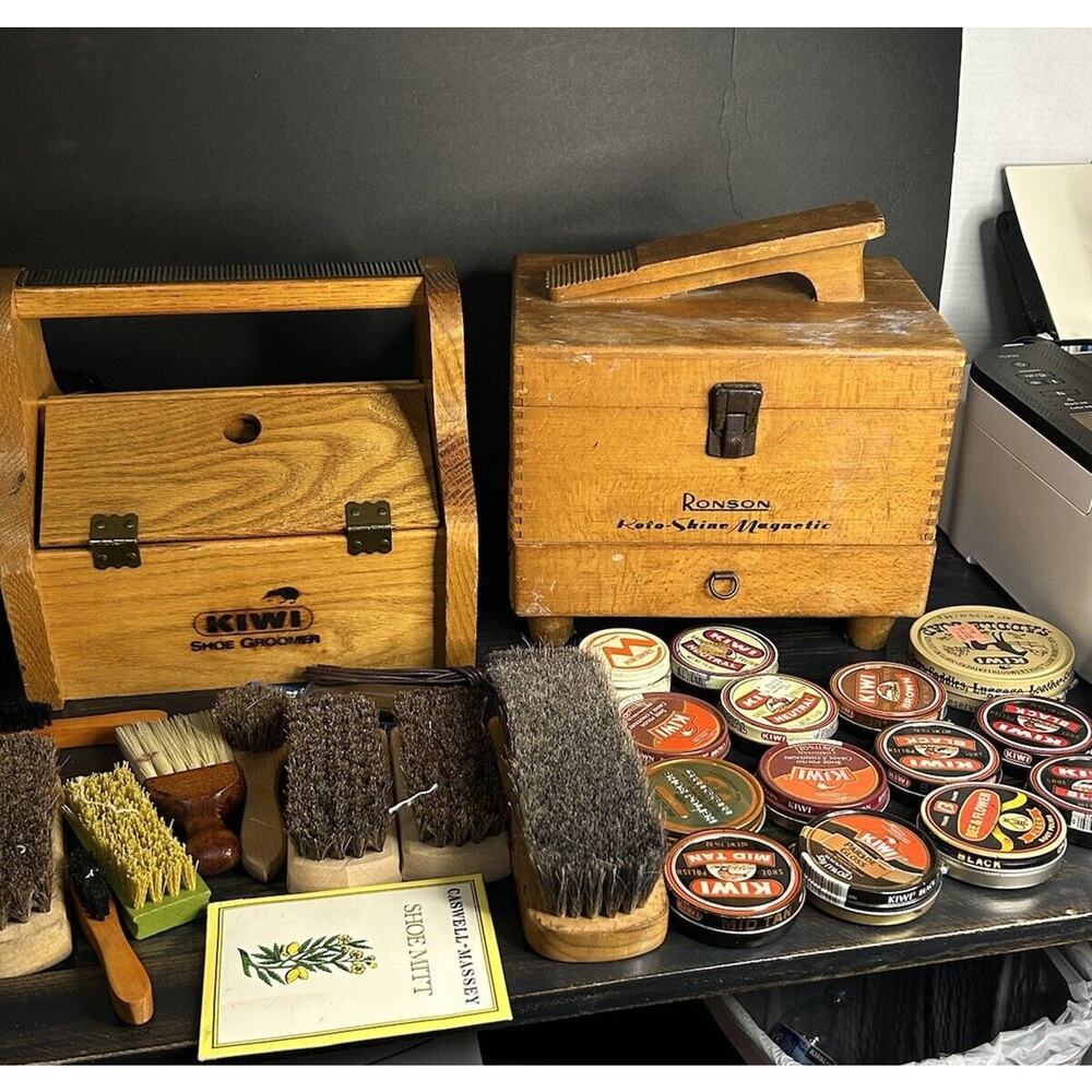 Vintage Cobbler Supplies Kiwi Shoe Vallet . Ronson Roto Shine Box. 29 Pcs Total
